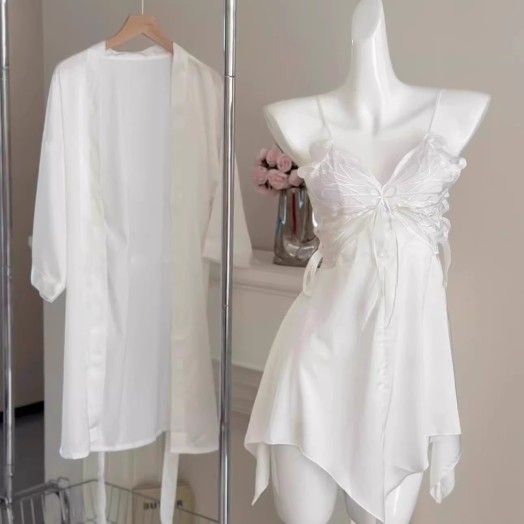 Women's Backless Cami Slip Dress & Robe Set - Padded Ice-Silk Sleepwear Women's Backless Cami Slip Dress & Robe Set - Padded Ice-Silk Sleepwear