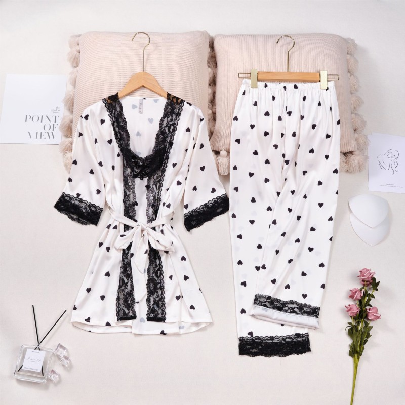 Women's Lace Trim Cami & Robe 3-Piece Set - Silk-Feel Loungewear with Long Pants